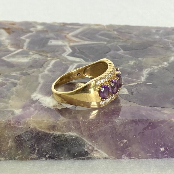 Gold Vermeil Sterling Silver 925 Prong Set Oval Amethyst CZ Wide Band Ring Sz 9 - Picture 5 of 16
